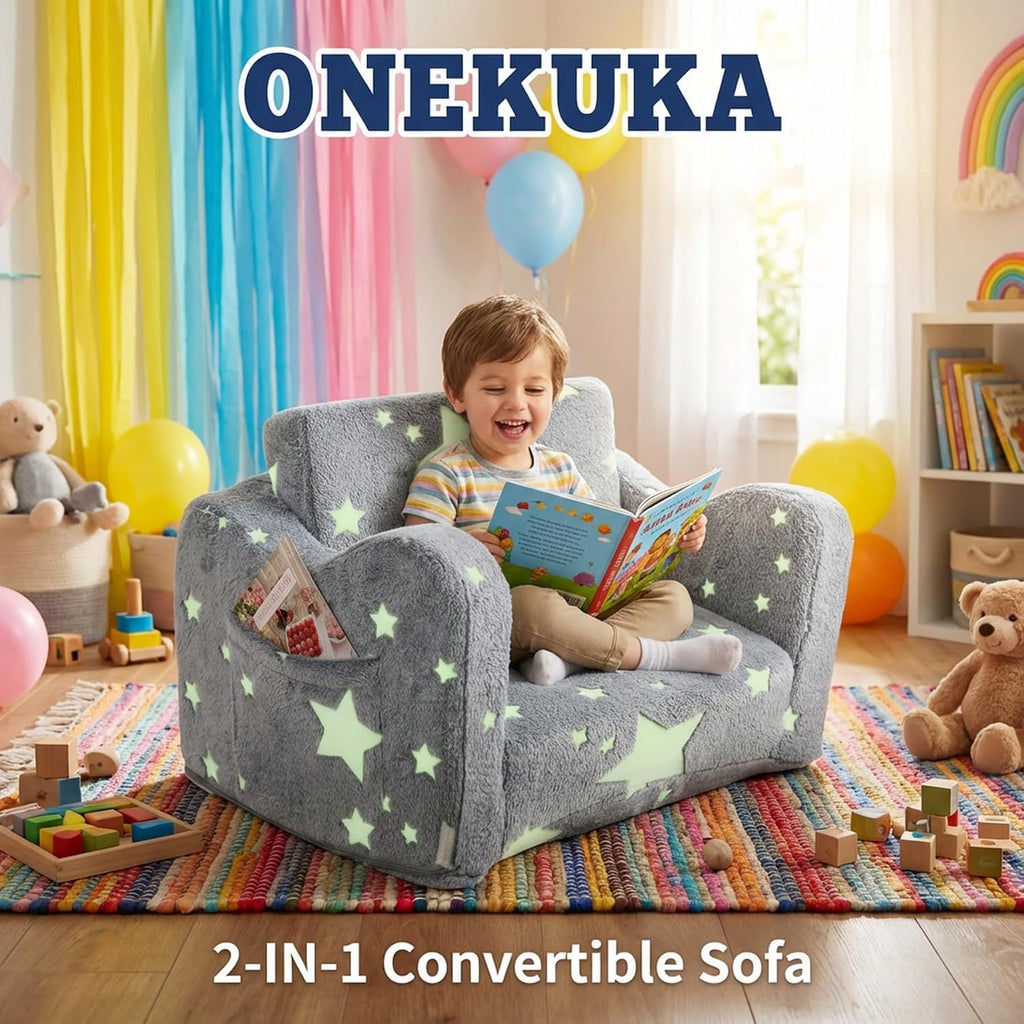 Toddler Couch, Glow in The Dark Kids Couch 2 in 1 Sofa Bed, Convertible Flip Open Toddler Sofa Couch Bed, Kids Sofa for Playroom Bedroom