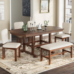 6-Piece Traditional Dining Table Set, 78" Extendable Wood Table with 18" Removable Leaf, 4 Upholstered Dining Chairs & 1 Bench, Espresso & Beige