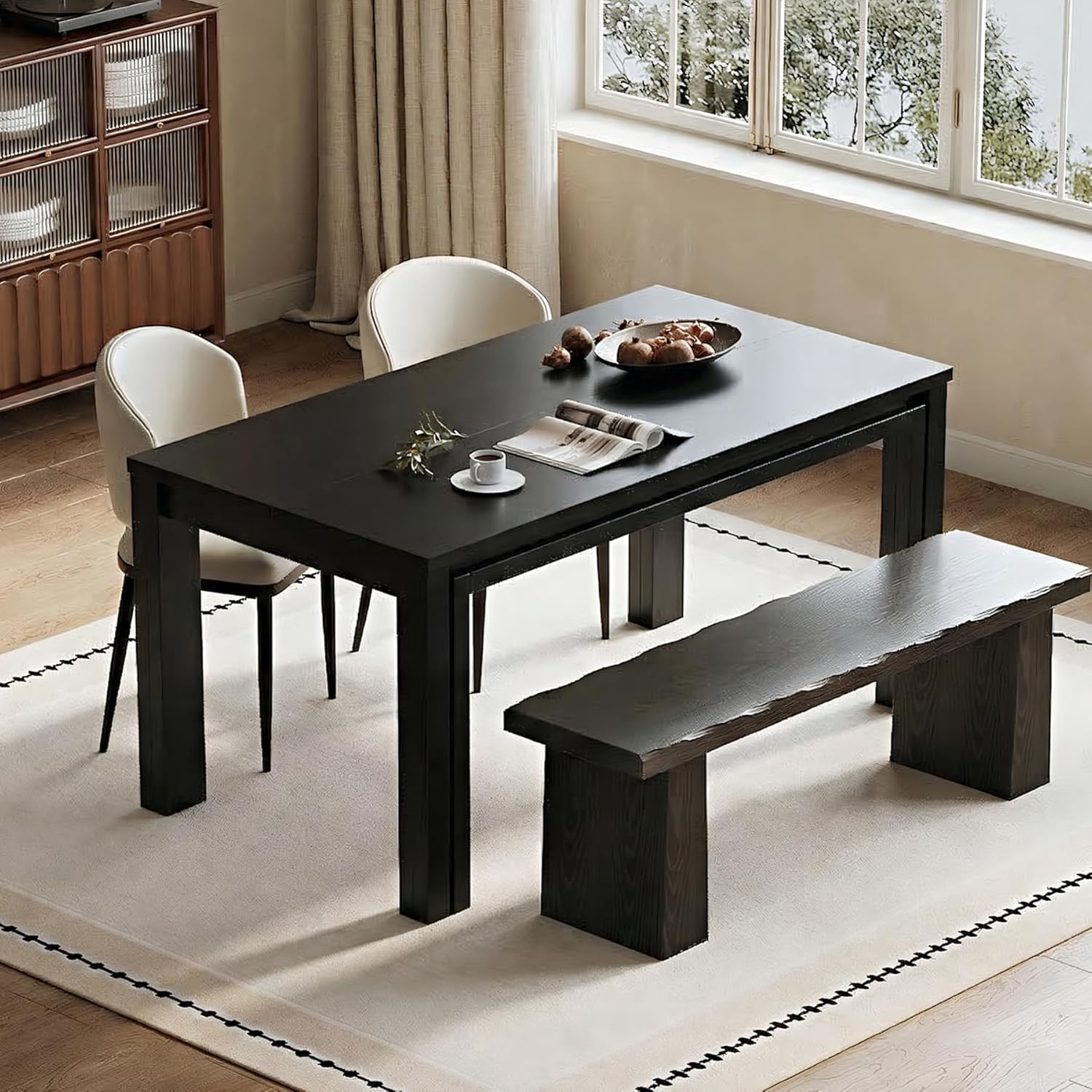 LITTLE TREE 63-Inch Dining Table for 6 People, Rectangular Kitchen Table with Heavy Duty Legs, Farmhouse Wooden Table for Dining Room, Dinner, Dinette (Black)