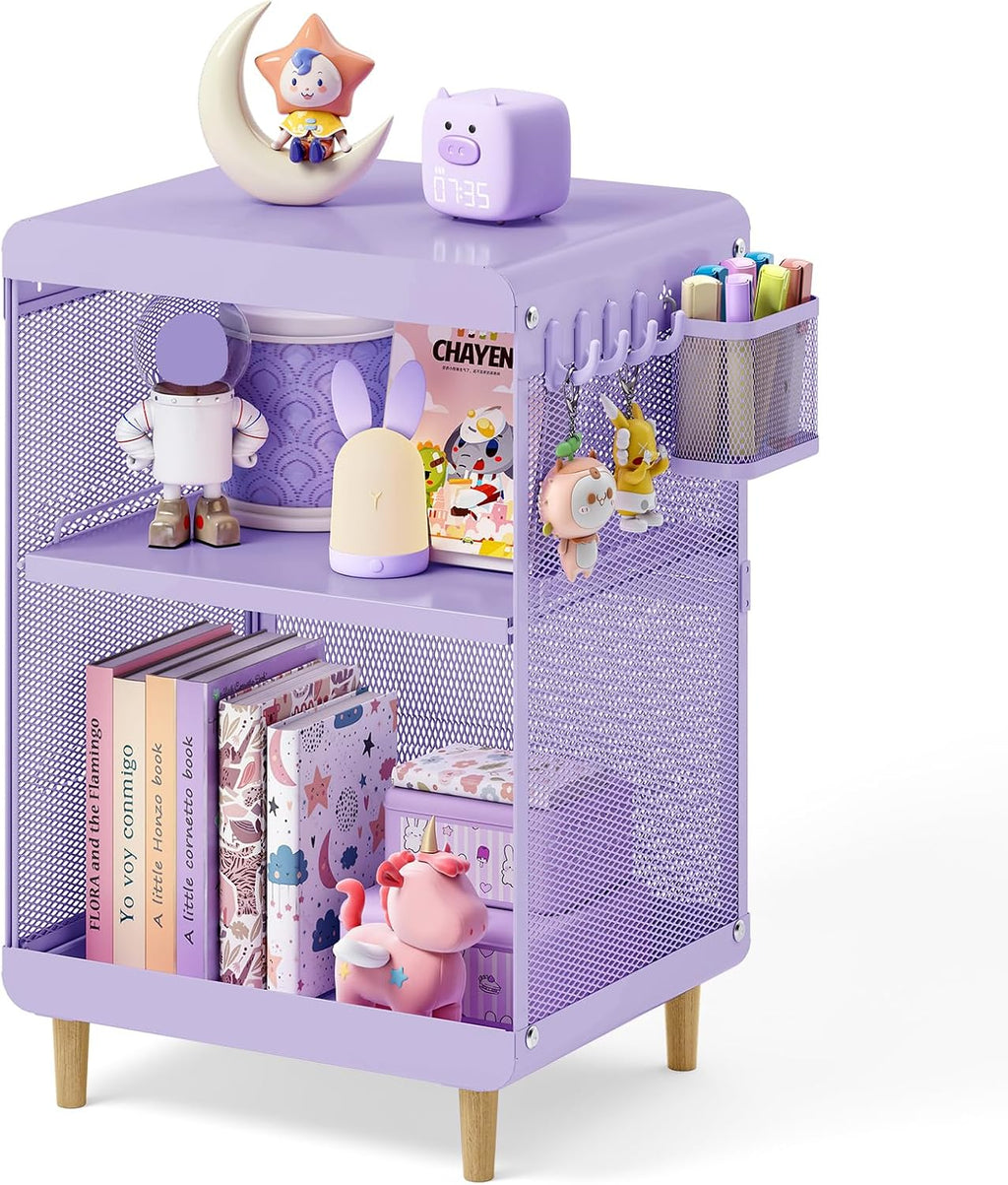 SYKIARIOL Kids Nightstand for Girls, 3-Tier Storage Shelf, Purple | Metal Bedside Table with 4 Hooks & Hanging Basket, Toddler Night Stand for Bedroom