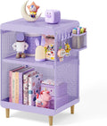 SYKIARIOL Kids Nightstand for Girls, 3-Tier Storage Shelf, Purple | Metal Bedside Table with 4 Hooks & Hanging Basket, Toddler Night Stand for Bedroom