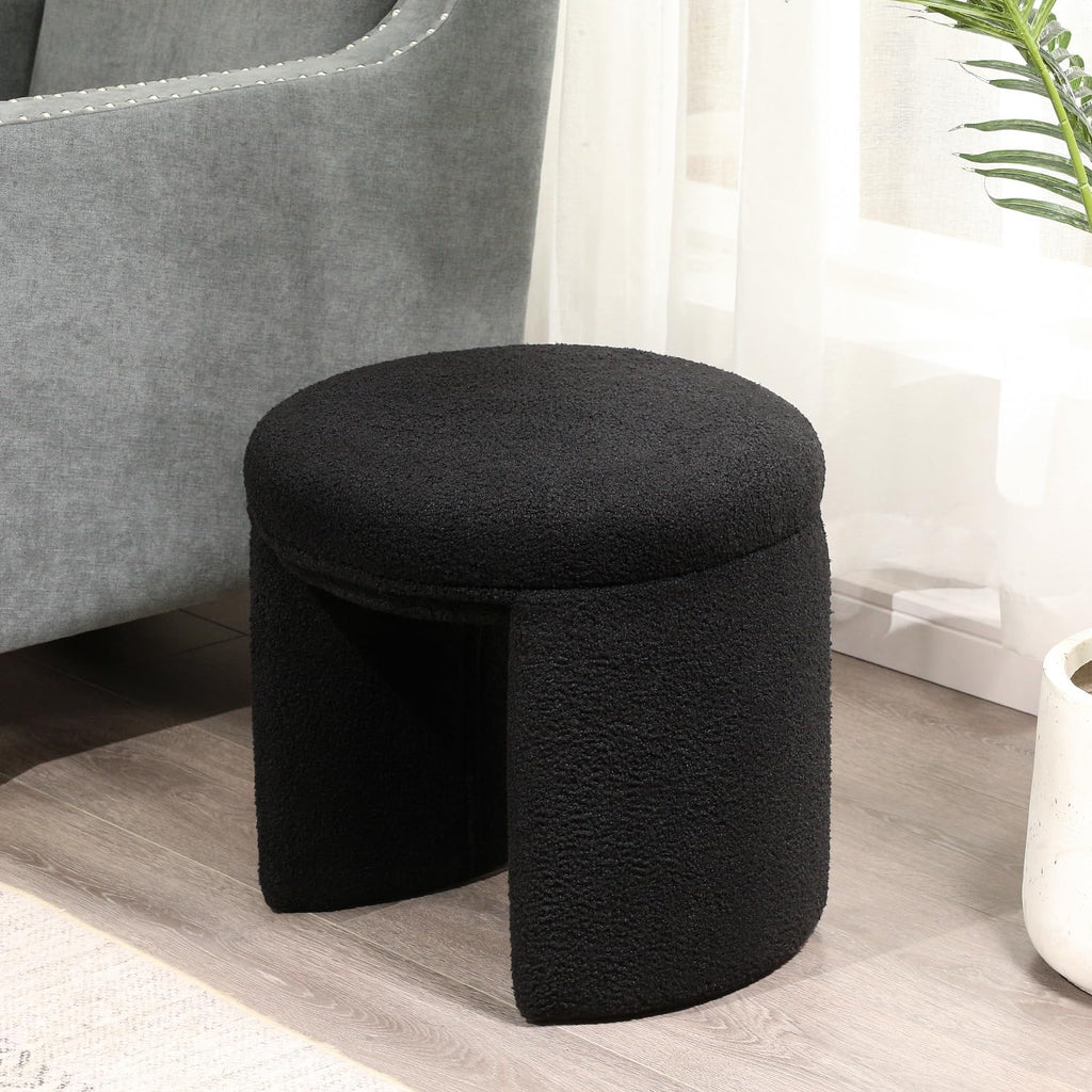 Boucle Ottoman, Round Sherpa Vanity Stool Chair, Small Upholstered Modern Teddy Footstool for Makeup, Living Room, Entryway, Bedroom,Black