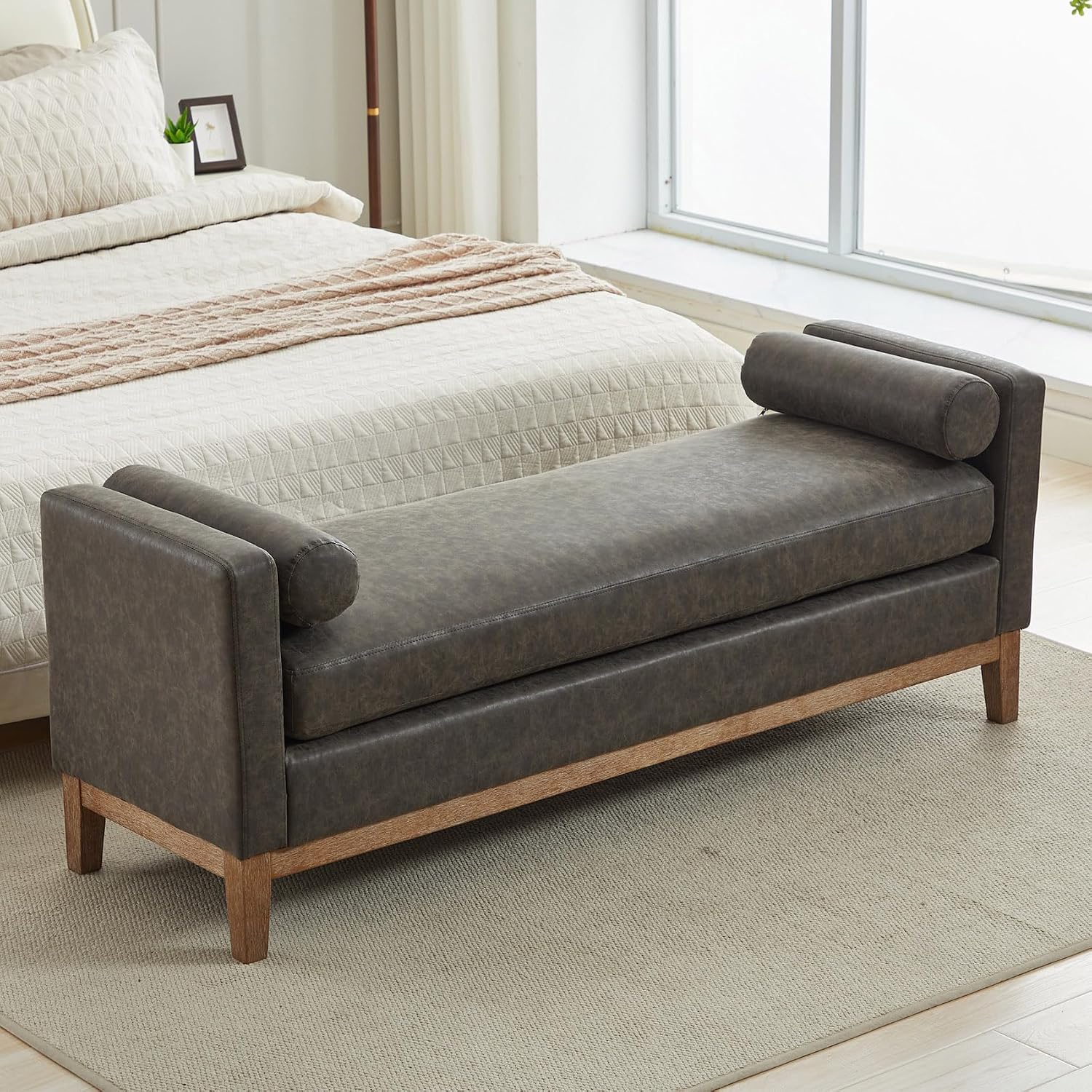 End of Bed Bench for Bedroom, 66.34'' Long King Size Vegan Leather Bench with Arms Upholstered Shoe Bench for Entryway, Hallway, Cloakroom, Window Bench (Grey PU).