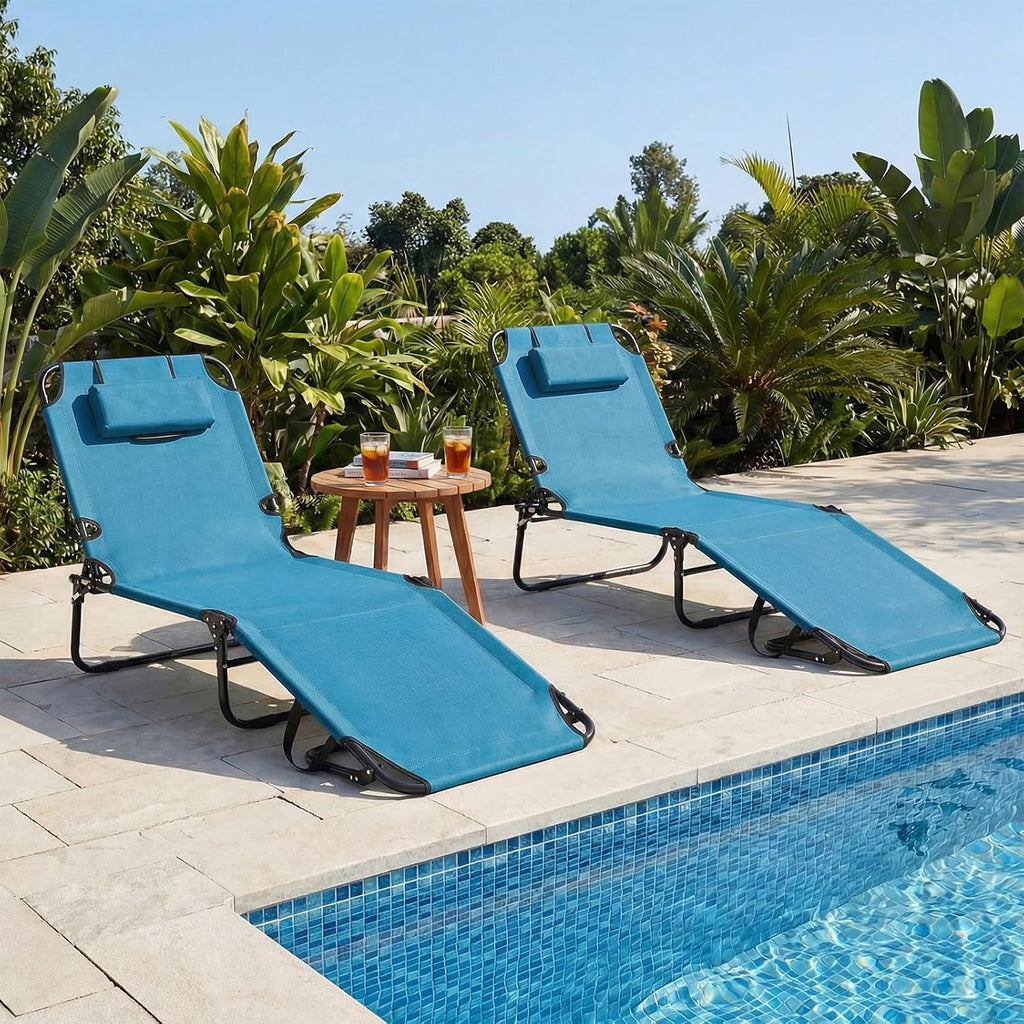 GYMAX Tanning Chair, Folding Lounge Chairs with Face Hole & Cover, Removable Pillow Carry Handle, Portable Compact Outdoor Layout Recliner for Beach, Poolside, Lawn, Patio, Camping (Blue,1)