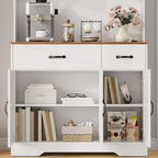 71" Pantry Cabinet with Charging Station, Kitchen Hutch Storage Cabinet with Countertop & Drawer, Farmhouse Food Pantry with Microwave Stand & Adjustable Shelves for Living Room, Dining Room, White