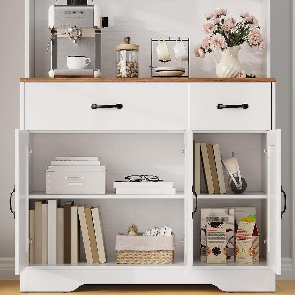 IDEALHOUSE 71" Kitchen Pantry Storage Cabinet with Charging Station, Farmhouse Kitchen Hutch Cabinet with 2 Storage Drawers, Large Food Pantry with Microwave Stand for Dining Room,Living Room,White