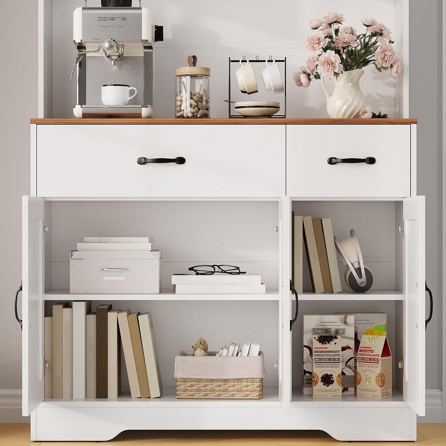 Pantry Cabinet with Charging Station,71'' Kitchen Pantry Cabinet with Microwave Shelf,Farmhouse Kitchen Hutch with Drawers,Door Shelves,Adjustable Shelves,for Dining Room,Living Room,White