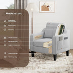 Accent Chair for Living Room Modern Linen Upholstered Armchair Side Wooden Fabric Sofa Chair with Foldable Table 2 Side Pockets Comfy Reading Chair for Bedroom