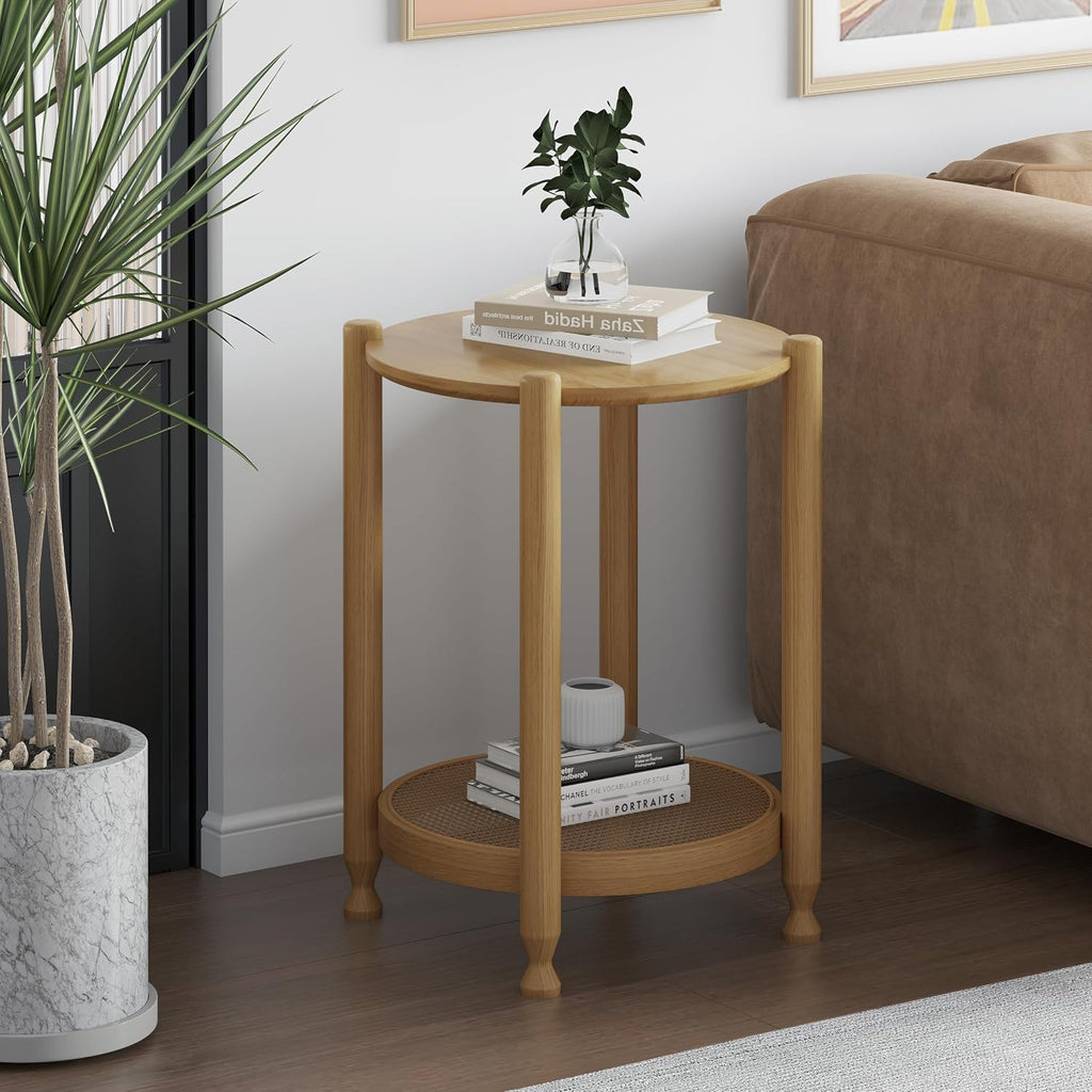 Solid Wood Round Side Table, Farmhouse Nightstand for Living Room, 2-Tier Bedside Table with Storage, Living Room End Table with Woven Rattan Storage Shelf, Natural
