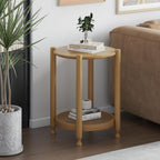 Solid Wood Round Side Table, Farmhouse Nightstand for Living Room, 2-Tier Bedside Table with Storage, Living Room End Table with Woven Rattan Storage Shelf, Natural