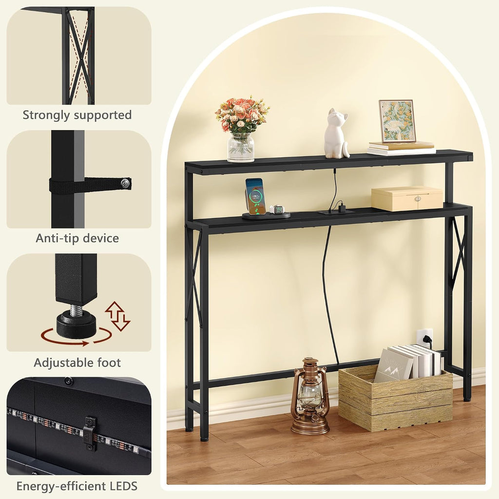 FAVOOSTY 46.8" Skinny Console Table with Charging Station and LED Light, 5.9" Narrow Sofa Table with Power Outlets and Type C & USB Port, Behind Couch Table for Living Room, Hallway, Entryway, Black