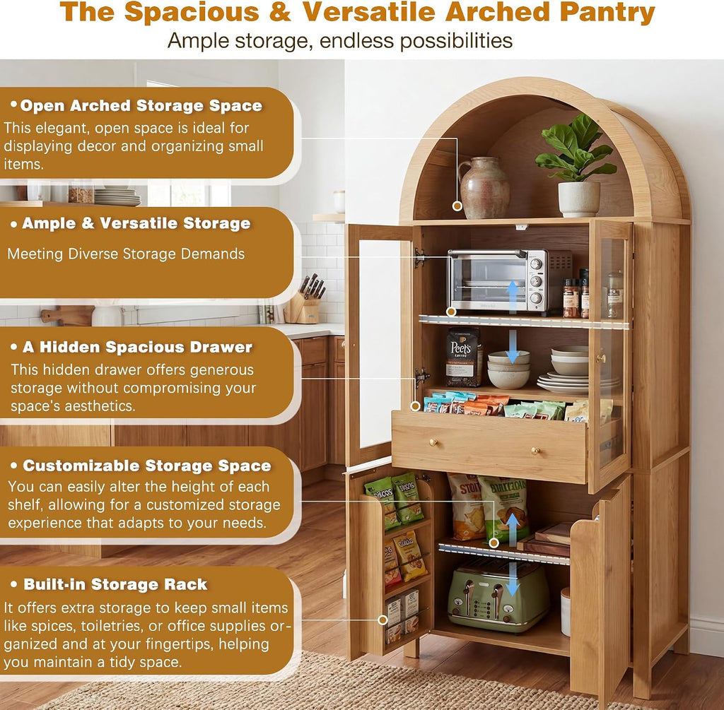 SOFTSEA 71" Tall Kitchen Pantry Cabinet with Adjustable Shelves, Fluted Arched Cupboard Cabinet with Hidden Drawer & Glass Door, Kitchen Hutch with Door Shelves for Dining Room, Oak