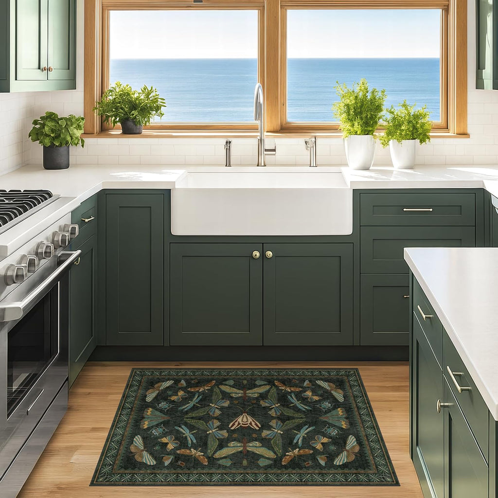 Hazo Haus 2x3 Entry Way Rugs Indoor - Dark Green Small Throw Rug for Kitchen, Bathroom, Insect Boho Design, Washable Non Slip Stain Resistant