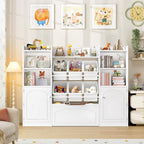 FINETONES 55” Toy Storage Organizer with 6 Toy Bins, 5-in-1 Large Kids Bookshelf with Movable Chests and 2-Tier Shelf Door, Toy Organizers and Storage Playroom Storage with Drawer, White