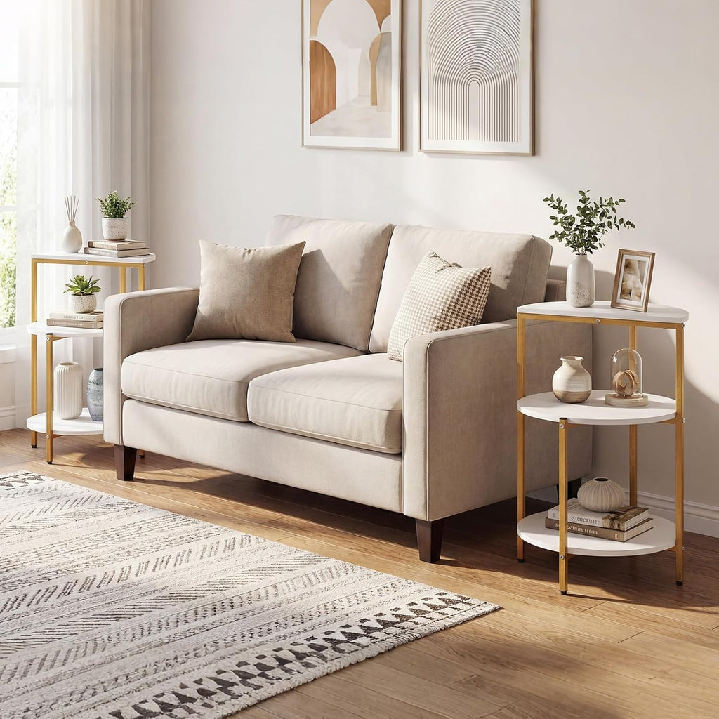 Giantex 3-Tier Round Side Table Set of 2, Wood Bedside Sofa End Table with Storage Shelves & Metal Frame, Modern Slim Night Stand for Bedroom Living Room Entryway Small Spaces, White & Gold