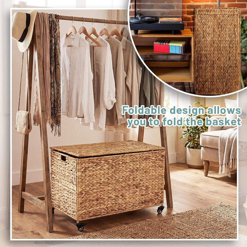 Wonderjune 30 x 17.7 x 17.7'' Rolling Storage Trunk with Wheels Woven Wicker Storage Basket with Lid Heavy Duty Blanket Toy Chest for Bedroom Closet Clothes Laundry Room Organization(Water Hyacinth)