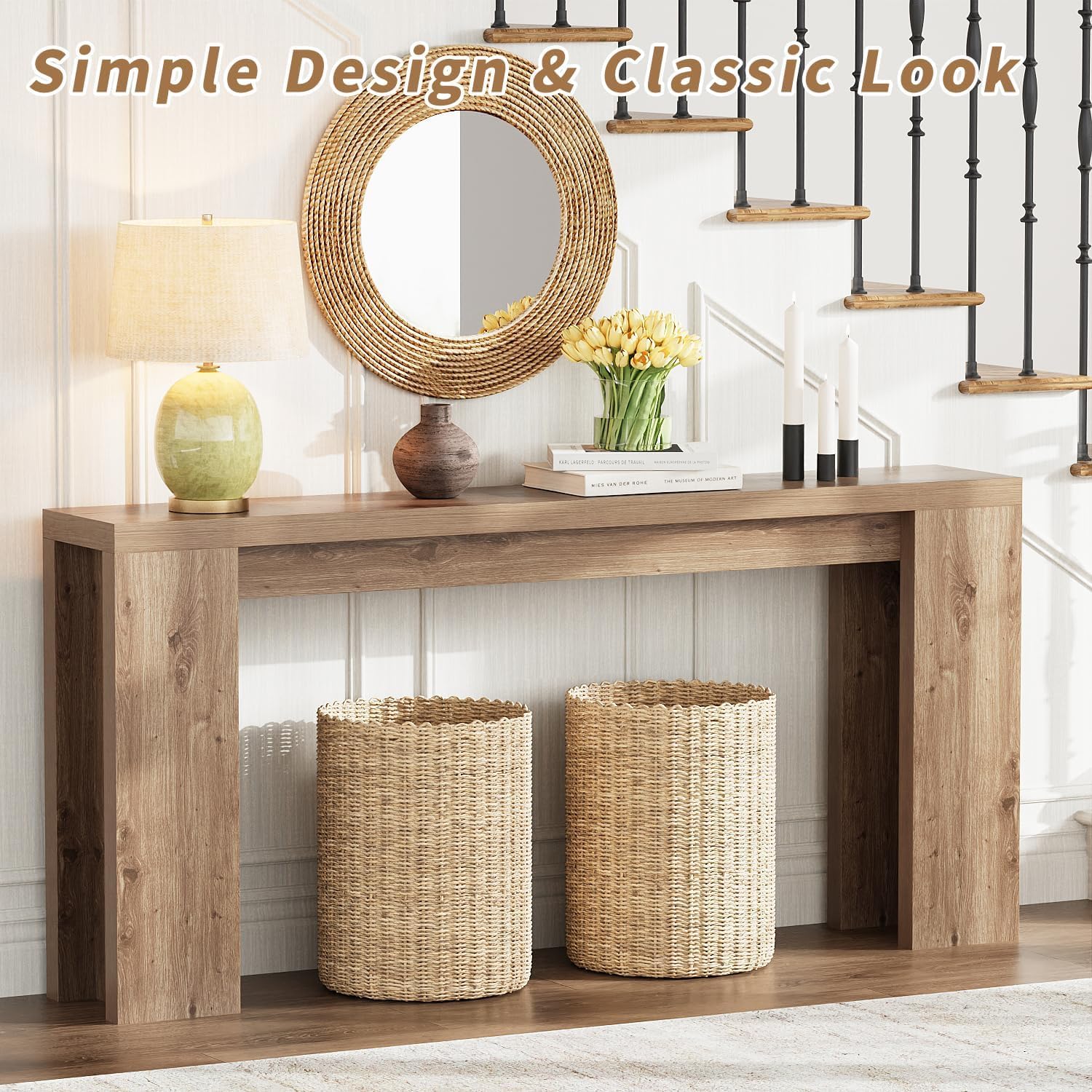 70.9 Inch Extra Long Console Table, Farmhouse Entryway Table with Thickened Base, Wood Sofa Table Behind Couch Table, Narrow Entryway Accent Table for Living Room, Hallway, Entrance, Foyer, Brown