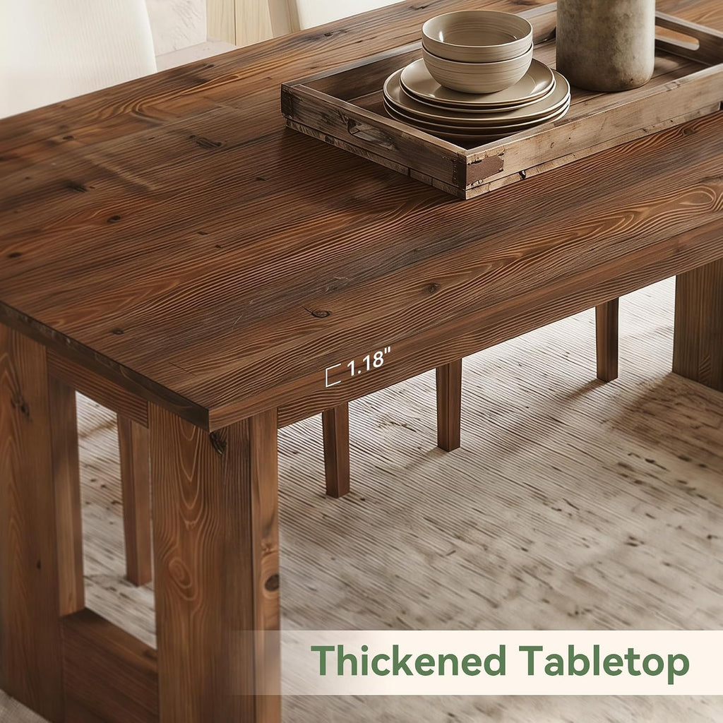 63" Solid Wood Dining Table for 4-6 People, Rustic Rectangular Wood Kitchen Table with Thick Top & Heavy-Duty Legs for Dining Room, Living Room, Rustic Brown