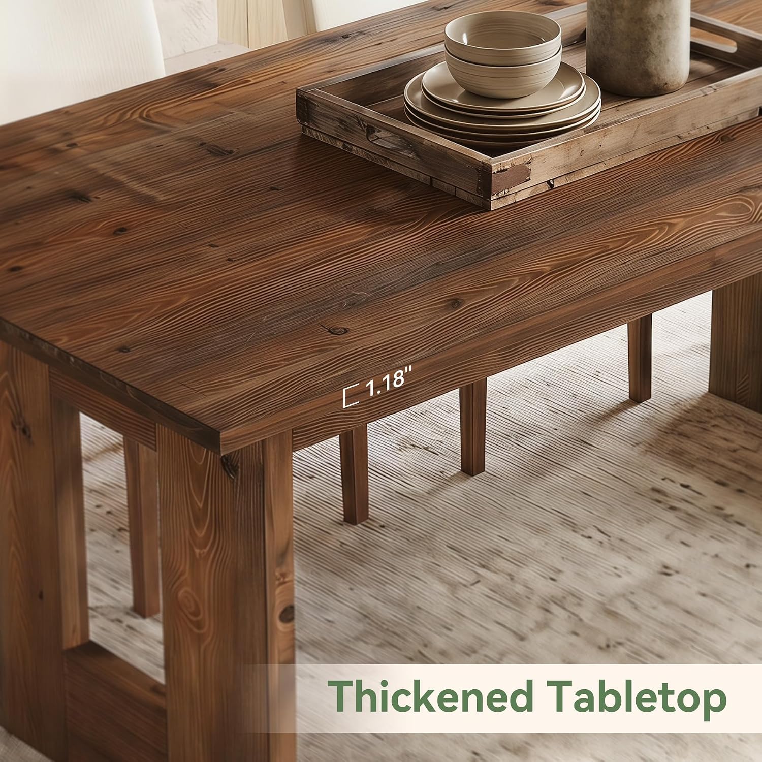 63" Solid Wood Dining Table for 4-6 People, Rustic Rectangular Wood Kitchen Table with Thick Top & Heavy-Duty Legs for Dining Room, Living Room, Rustic Brown