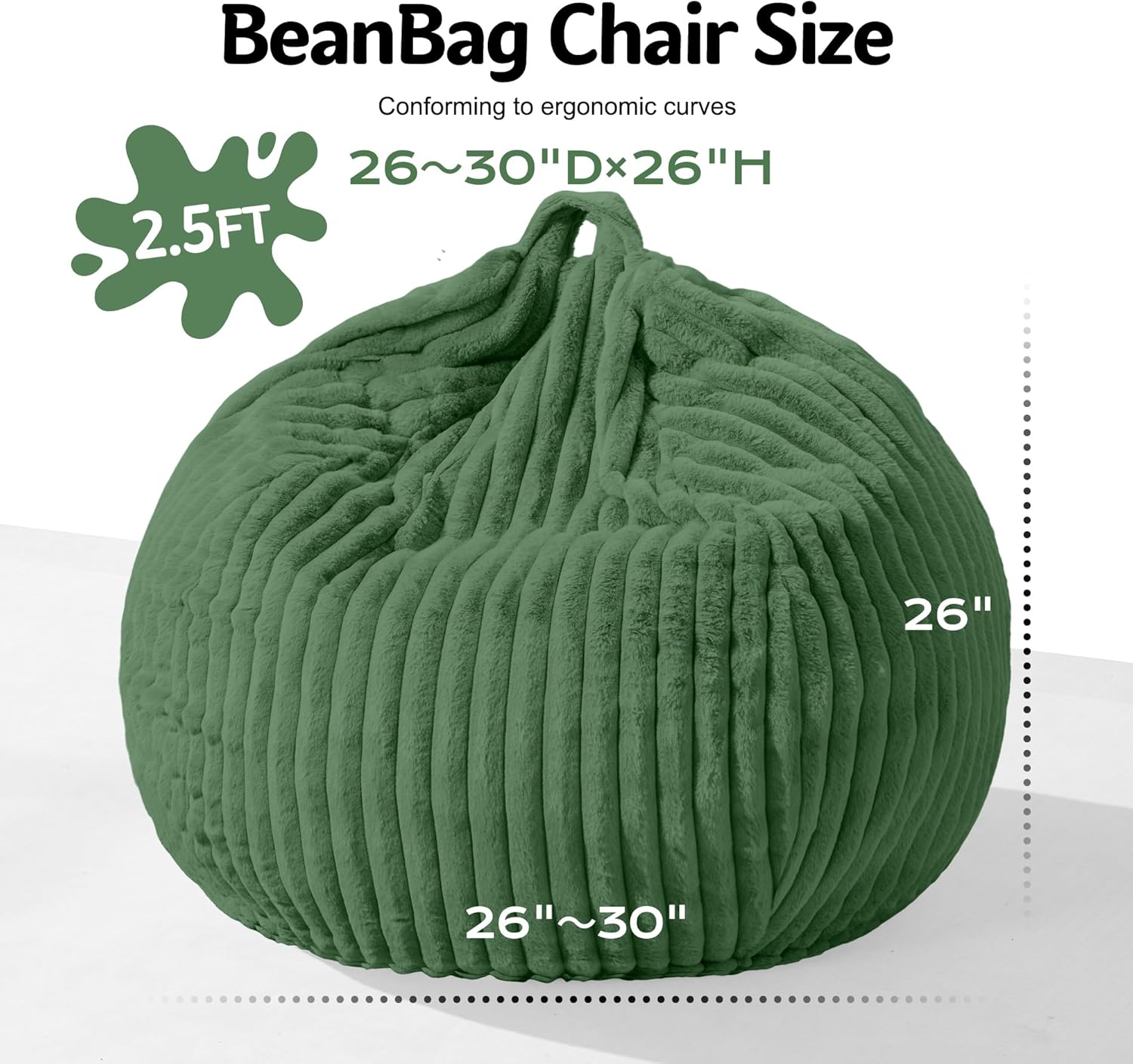 Homguava 2FT Bean Bag Chair, 2' Small Bean Bags with Memory Foam Filled, Beanbag Chairs with Machine Washable Cover Dutch Corded Plush Cover for Classroom,Living Room,Bedroom-Dark Green