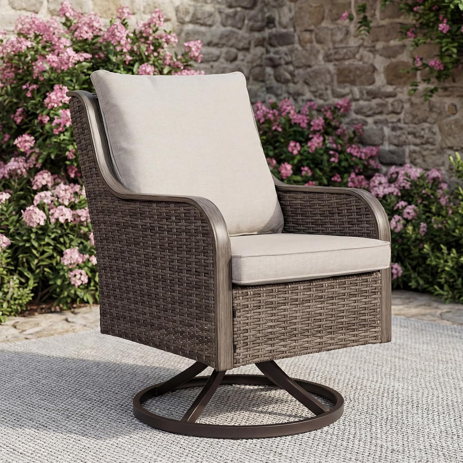 Loungewave Swivel PE Wicker Chair, Outdoor High Back Swivel Patio Chair, 360 Degree Outdoor Swivel Chair with Cushion, Patio Furniture for Porch Balcony Garden, Poolside (Brown/Beige)