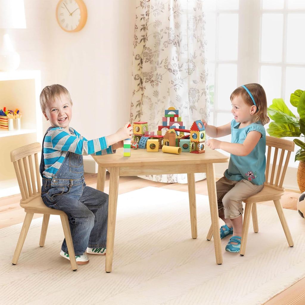 Curipeer Windsor Kids Table and 2 Chair Set, Rubberwood Children Toddler Table and Chair Set with Non-Slip Legs/Round Edge Design for Art, Play, Craft, Activity, Natural Wood