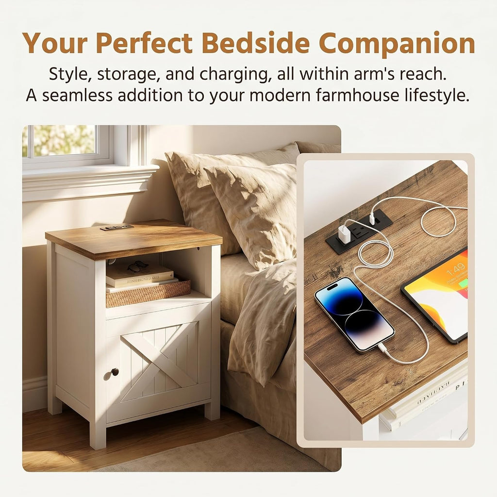 Amada Farmhouse Nightstand Set of 2 with Charging Station, Bedside Table with USB-C & USB Ports and AC Outlets, Wood End Table with Barn Door, Open Shelf & Cabinet Storage for Bedroom, White & Brown