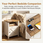 Amada Farmhouse Nightstand Set of 2 with Charging Station, Bedside Table with USB-C & USB Ports and AC Outlets, Wood End Table with Barn Door, Open Shelf & Cabinet Storage for Bedroom, White & Brown