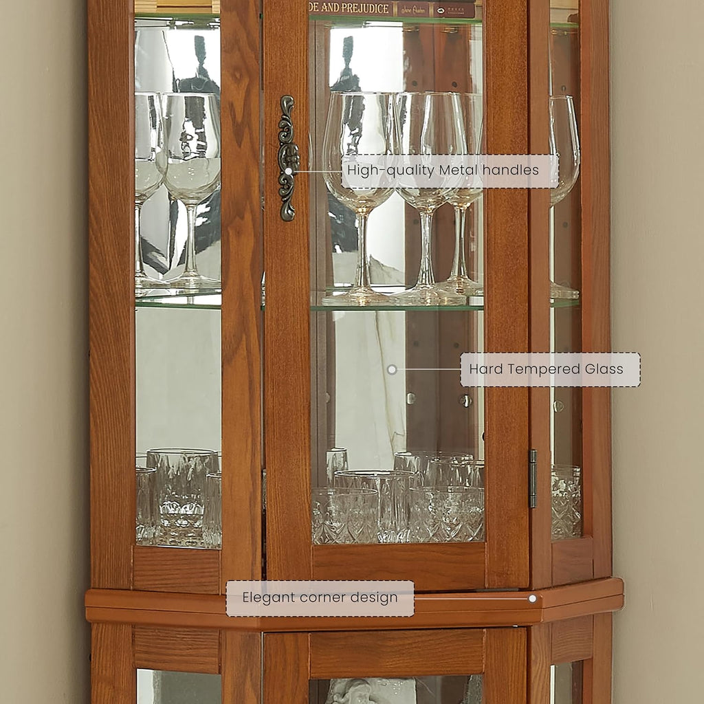 Corner Curio Cabinet with Light Bulb, Tempered Glass Doors, Floor Standing Glass Display Cage with 6 Tempered Glass Shelves, Wine Cabinet Storage Rack for Bar and Liquor Storage (Oak)