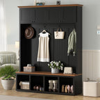 VilroCaz Modern 59''W Hall Tree with Bench and Storage, Farmhouse Wood-grain Accent 4-in-1 Hall Tree with Top Cabinets, Coat Racks and Hooks for Hallway Living Room Mudroom (Black-4DM)