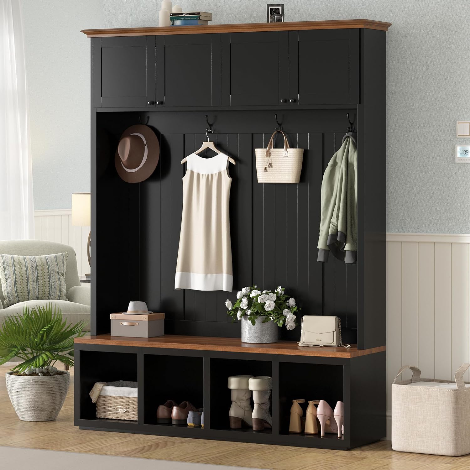 VilroCaz Modern 59''W Hall Tree with Bench and Storage, Farmhouse Wood-grain Accent 4-in-1 Hall Tree with Top Cabinets, Coat Racks and Hooks for Hallway Living Room Mudroom (Black-4DM)