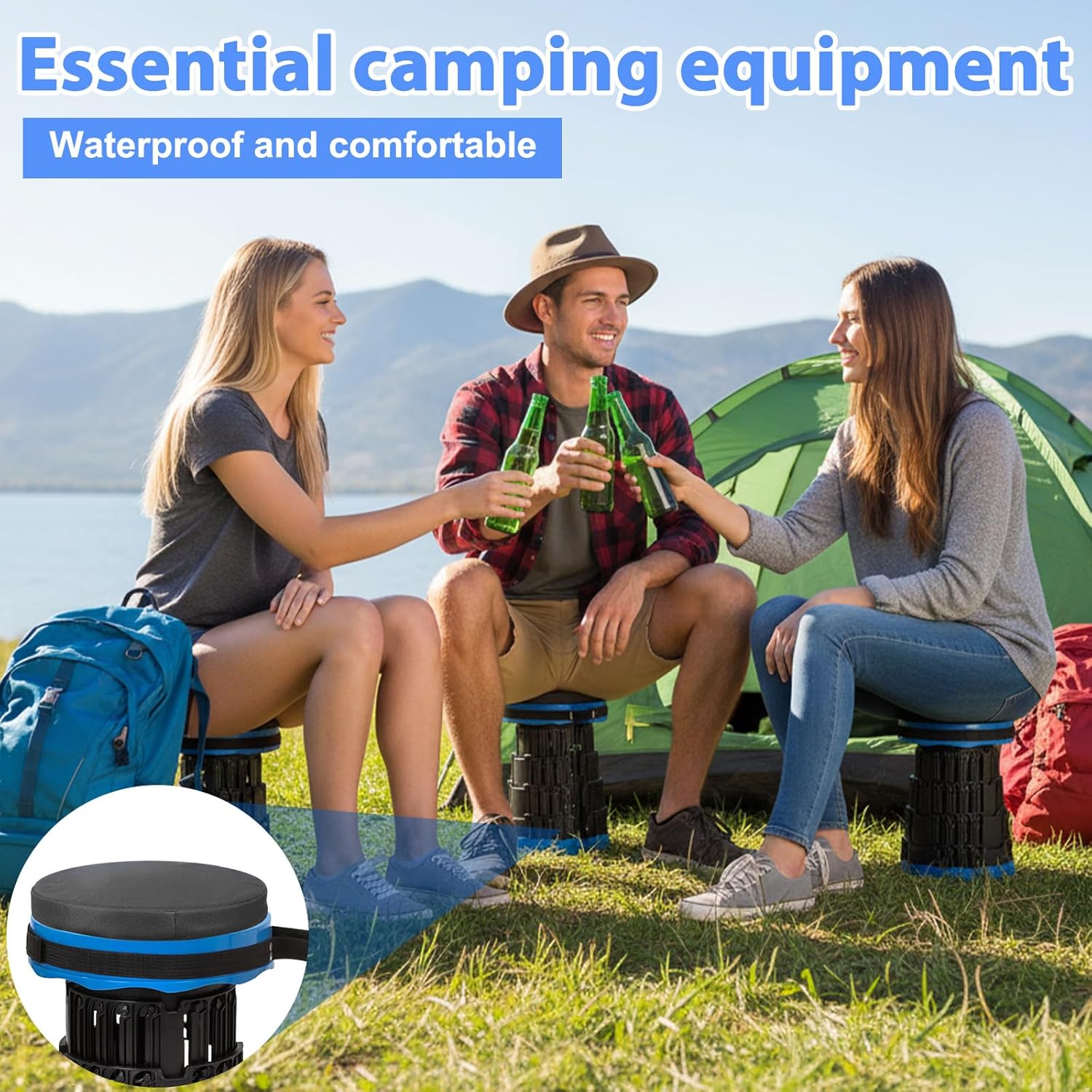2 PCS Telescopic Stool Cushion, 9.8 Inch Retractable Folding Stool Cushions Round Memory Foam Cushions for Retractable Camping Stools with Elastic Strap for Picnics, Camping and Fishing-Only Cushion