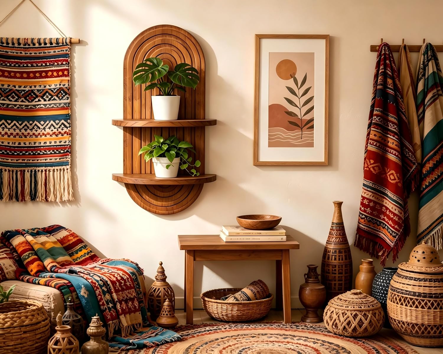 Boho Wall Shelf Decor Plant Wall Shelf Mid Century Modern Decor Hanging Plant Shelves, 2 Tier Wooden Art Floating Shelves for Home Bathroom Bedroom Living Room Planter