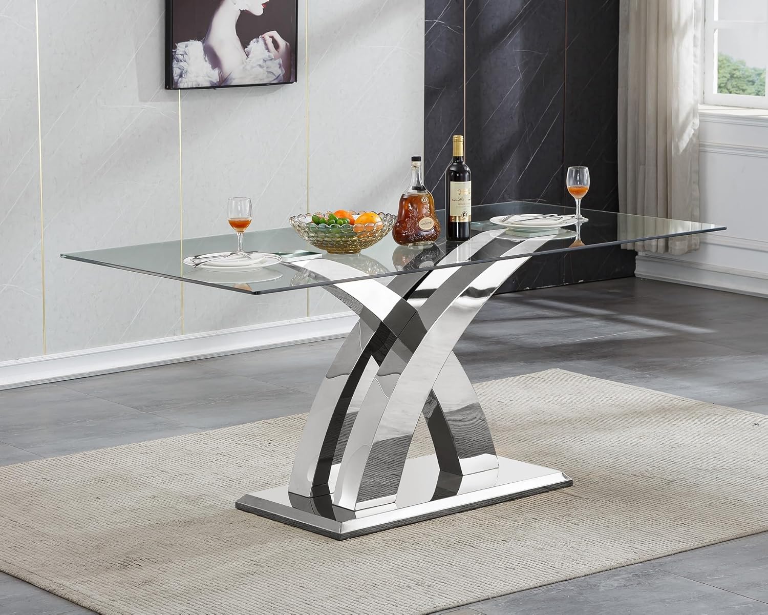 70'' Modern Glass Dining Table for 4-8 People, High Gloss Stainless Steel Base, Rectangular Glass Dining Room Table for 6, Tempered Glass Top Silver Kitchen Table for Home Kitchen Furniture