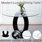 RGZ 47'' Modern Luxury Clear Glass Round Dining Table for 4-6, Glass Circle Top Kitchen Table with Elegant Silver Decorative Strips & Black Base, Circular Apartment Dinner Table for Home, Living Room