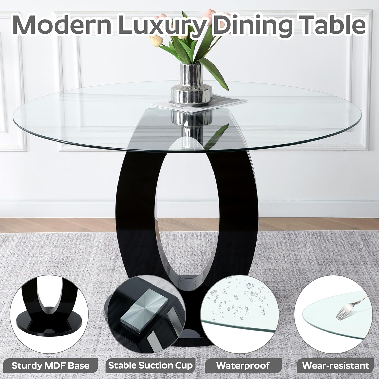 RGZ 47'' Modern Luxury Clear Glass Round Dining Table for 4-6, Glass Circle Top Kitchen Table with Elegant Silver Decorative Strips & Black Base, Circular Apartment Dinner Table for Home, Living Room