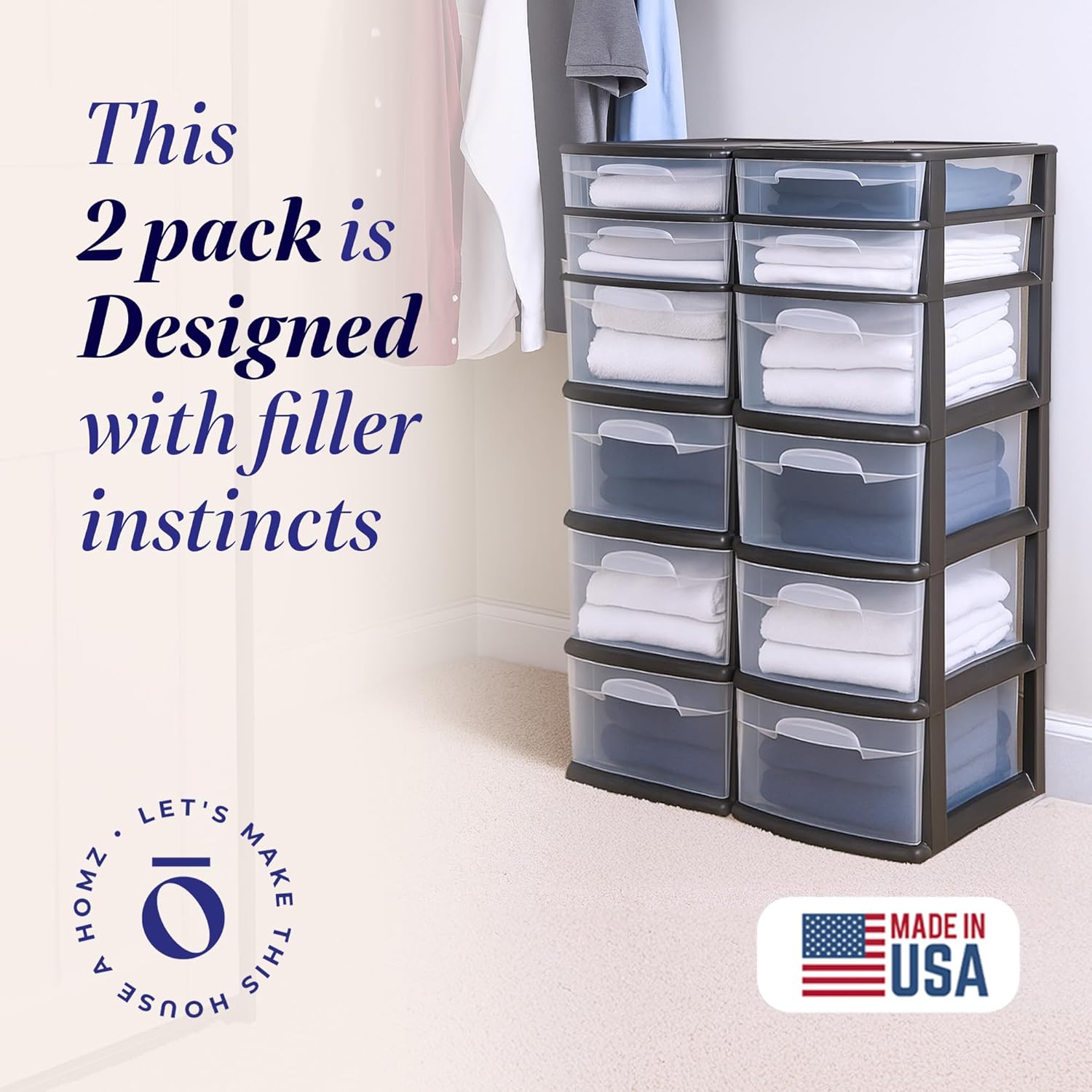 HOMZ 2-Pack Drawer Tower, 6-Tier Clear Plastic Storage Organizer Cart, Black Frame - Organizing Containers for Home, Office, Bathroom, Bedroom, and Classroom
