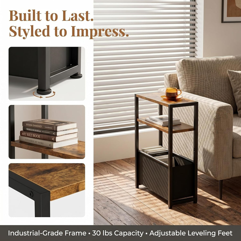 Leomonio Narrow Side Table, Slim End Tables with Fabric Basket, Skinny Table for Small Spaces, Thin Bedside Table for Living Room, Bedroom