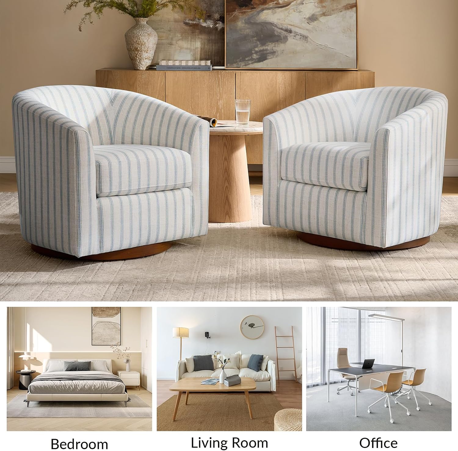 HULALA HOME Modern Swivel Accent Chair with Solid Wood Base, Round Swivel Barrel Chair with Striped Pattern, No Assembly Required, Blue