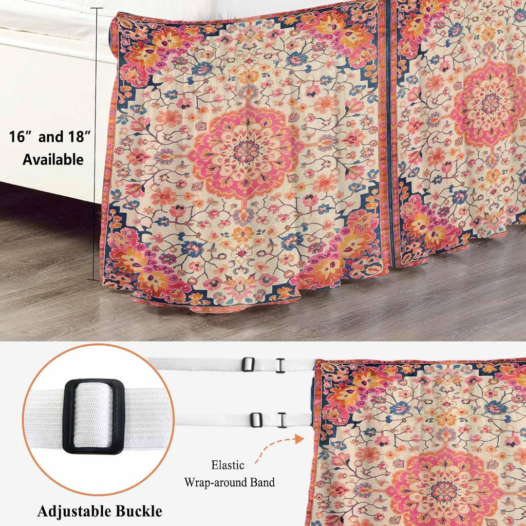 Boho Ethnic Bed Skirt Full/Queen Size Bed Skirting 18 Inch Drop Adjustable Elastic Dust Ruffles Wrap Around Bedskirt Pleated Southwest Aztec Tribal Geometric Aesthetic Bedding Frame Cover for Dorm