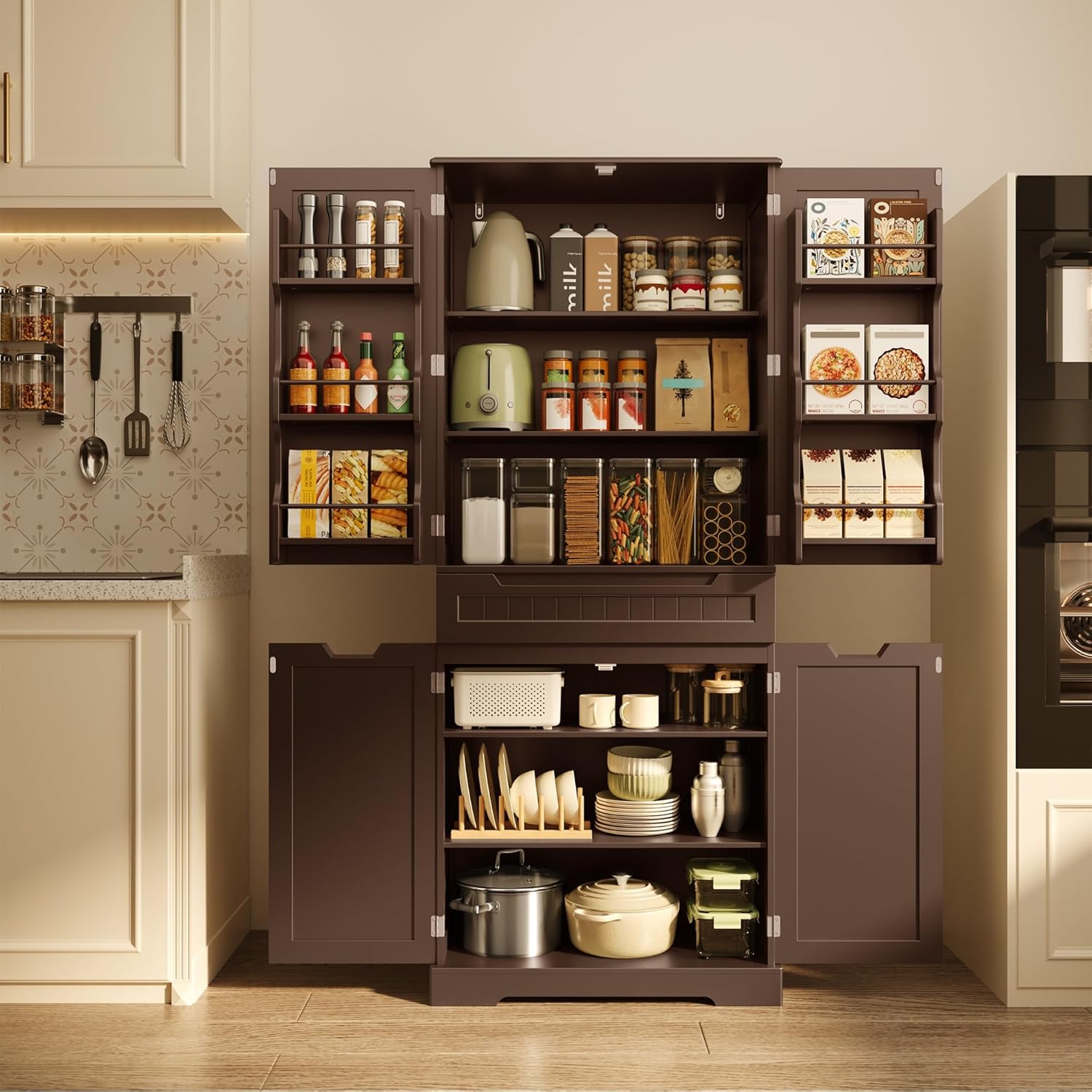 Gizoon 71" Tall Kitchen Pantry Cabinet with Doors and Adjustable Shelves, Pantry Storage Cabinet with Drawer for Small Kitchen Bathroom Laundry Room, Painted Dark Brown
