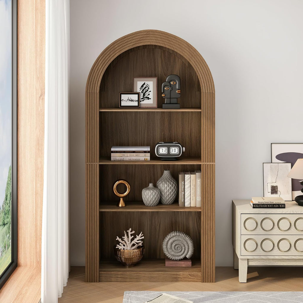 LUMISOL Tall Kitchen Pantry Cabinet for Dining Room Living Room, Arched Pantry with Open Display Storage Shelf, Modern Arched Bookcase with 4 Tier Shelf, Brown