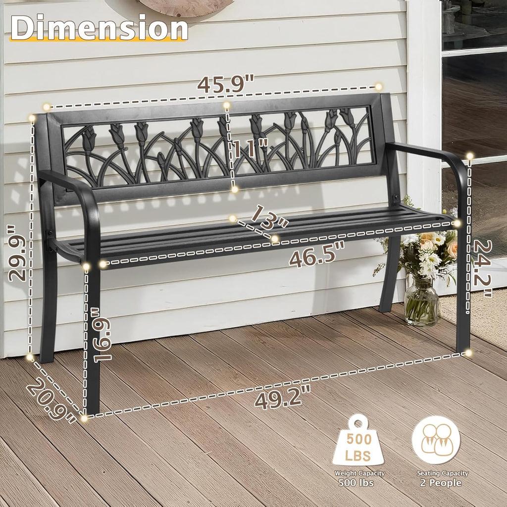 VINGLI Outdoor Metal Bench w/PVC Back - All Weather Resistant Black Garden Patio Bench for Entryway Front Porch Entryway Decor Deck (Black, Tulip)