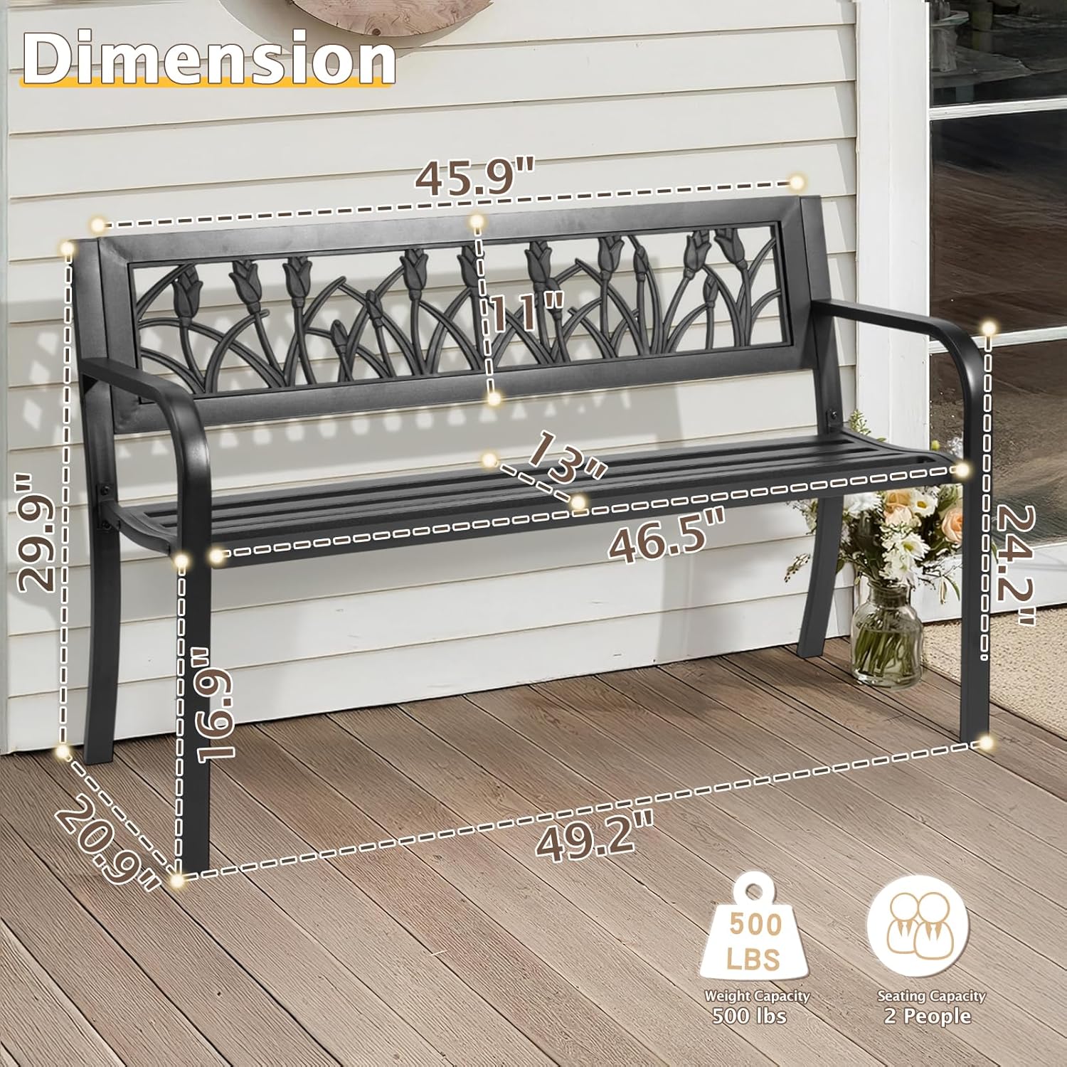 VINGLI Outdoor Metal Bench w/PVC Back - All Weather Resistant Black Garden Patio Bench for Entryway Front Porch Entryway Decor Deck (Black, Tulip)