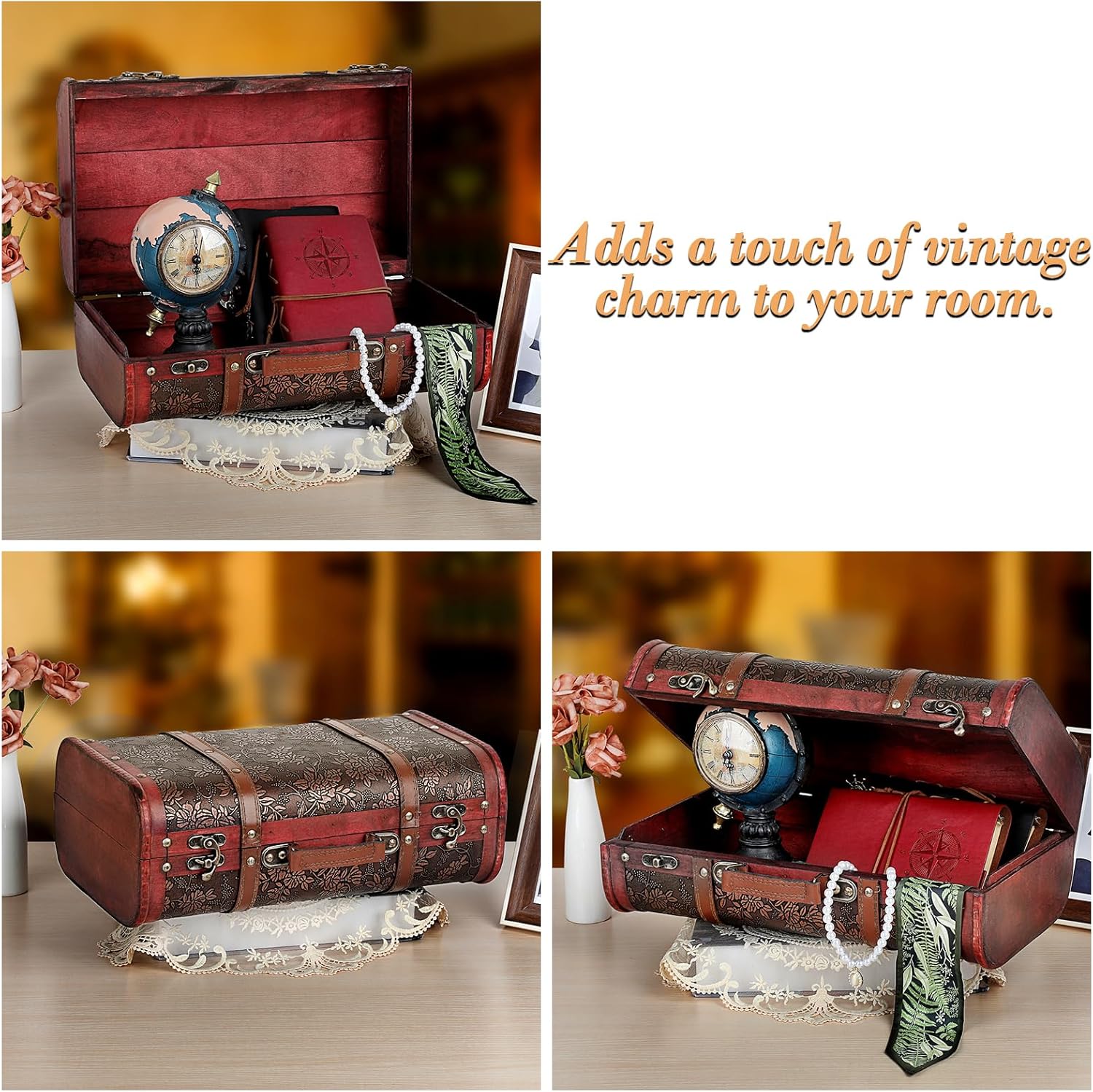 ELLDOO Vintage Wooden Storage Chest, Portable Decorative Luggage Suitcase With Grape Pattern, Pirate Treasure Keepsakes Box for Gifts, Decor and Travel