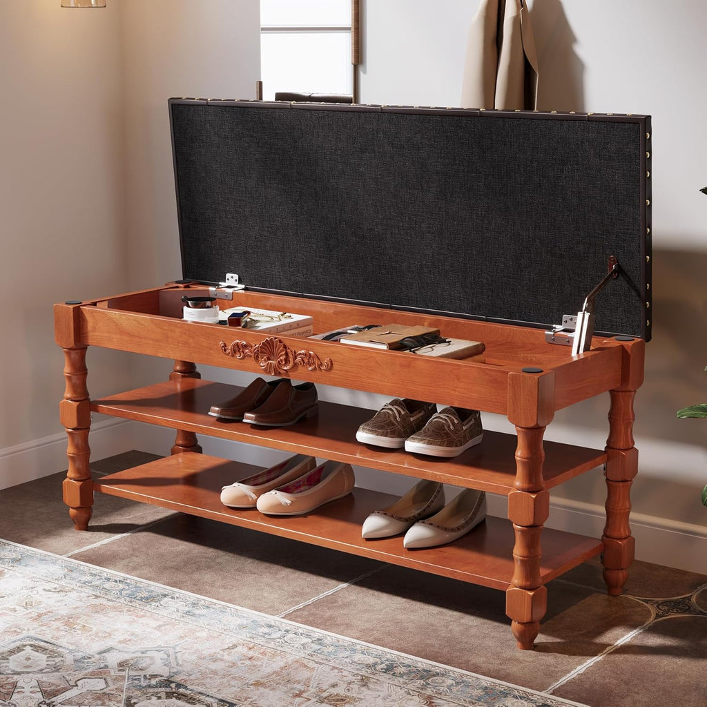 39-inch End of Bed Bench, Faux Leather Tufted Storage Bench with Lift Top Seat and 2 Tier Storage Shelves, Bedroom Bench Footrest Stool with Hidden Storage and Wood Leg, Vintage Style