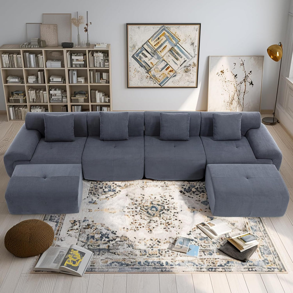 L-Shaped Boneless Modular Sectional Sofa, Boneless Sectional Couch, Oversized 3-Seater Cloud Couch with Deep Seat and Movable Ottoman for Living Room, Apartment (Gray, 3 Seater with 2 Ottoman)