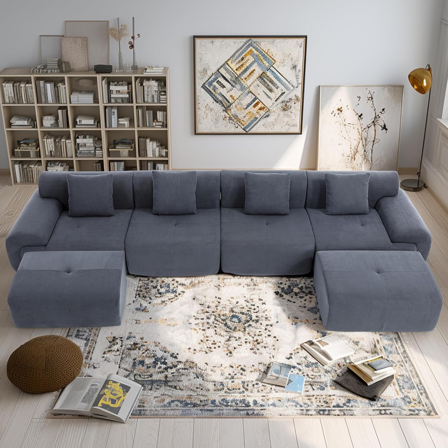 L-Shaped Boneless Modular Sectional Sofa, Boneless Sectional Couch, Oversized 3-Seater Cloud Couch with Deep Seat and Movable Ottoman for Living Room, Apartment (Gray, 3 Seater with 2 Ottoman)