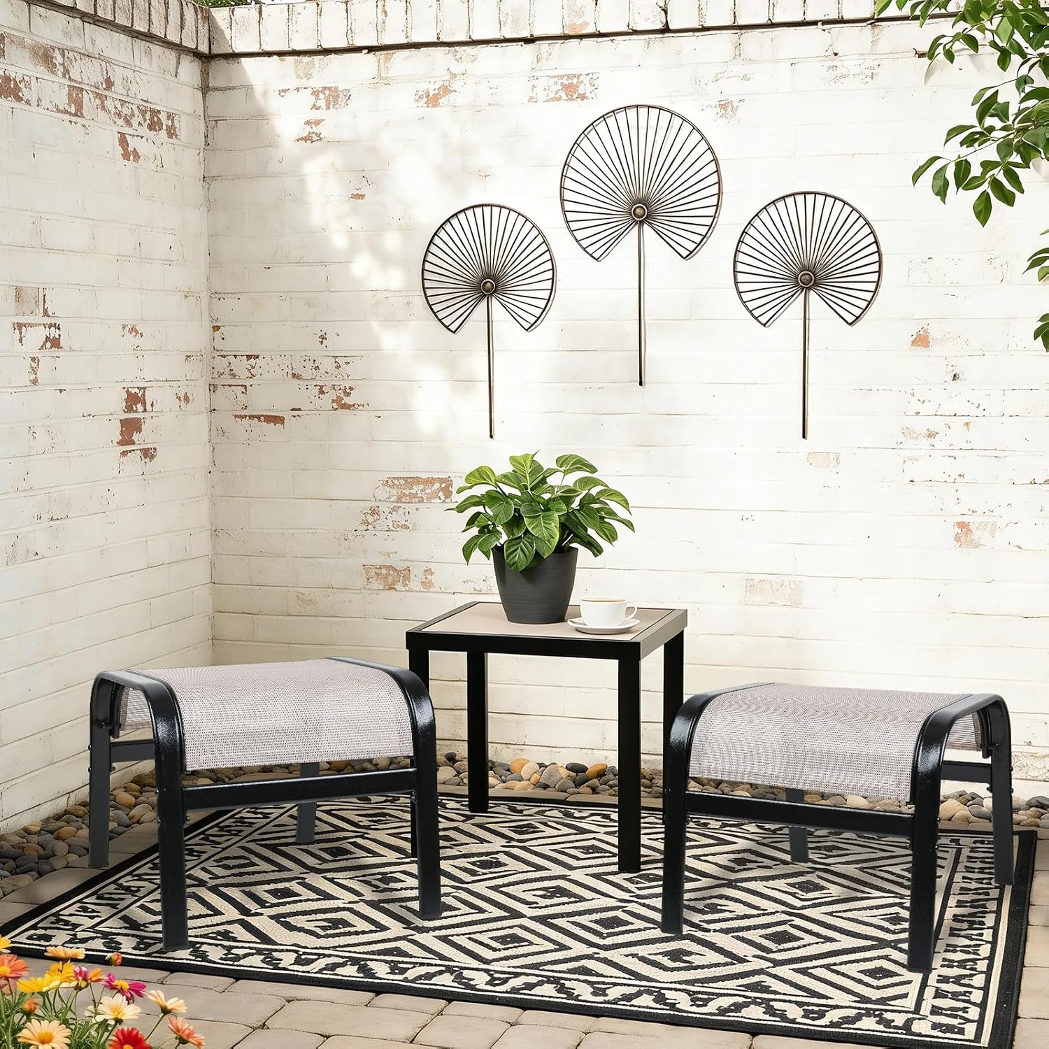 Patio Outdoor Ottoman 2 Set, Portable Footstools Textliene Metal Foot Rest Beige