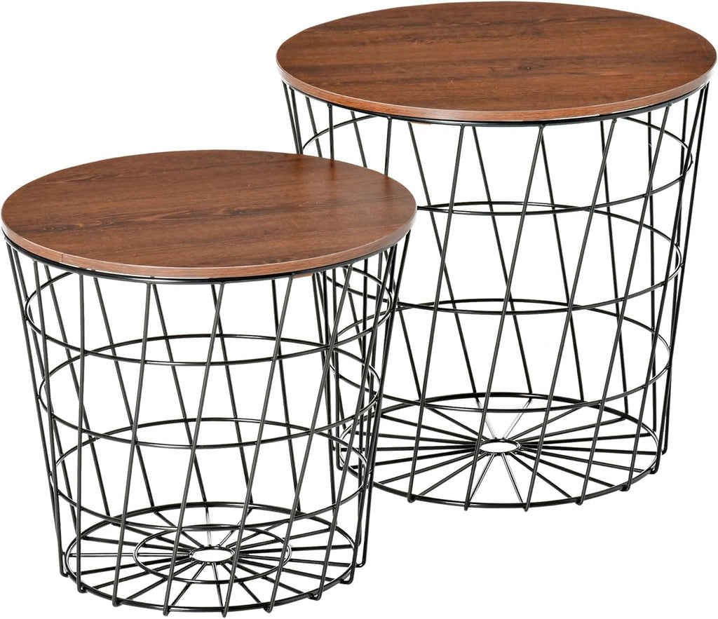 HOMCOM End Tables Set of 2, Nesting Tables with Storage, Round Accent Side Tables with Removable Top for Living Room, Black/Brown